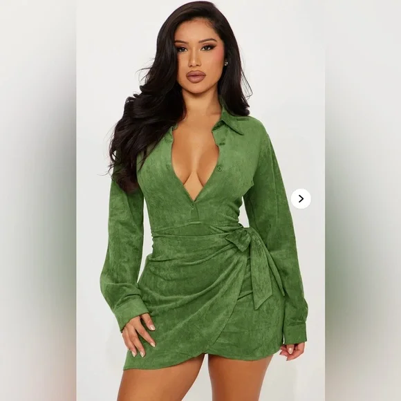 NWT - Fashion Nova “Working Hard” Suede Wrap Mini Dress – Green 💚 - Picture 3 of 7